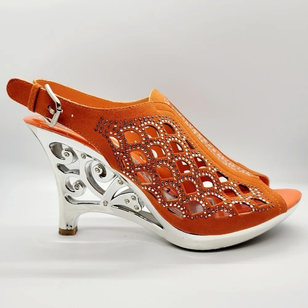 Orange Rhinestone Embellished Rhinestone Carved Wedge Sandal Sz 7